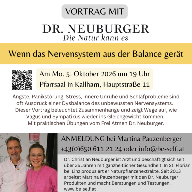 Vortragsankündigung mit Dr. Neuburger zu Nervensystem und Balance am 5. Oktober 2026.